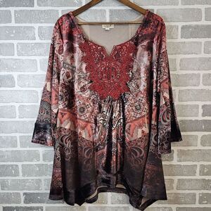 One World Boho Paisley Print Tunic Top Women's 1X Crochet Lace Detail Red‎ Black